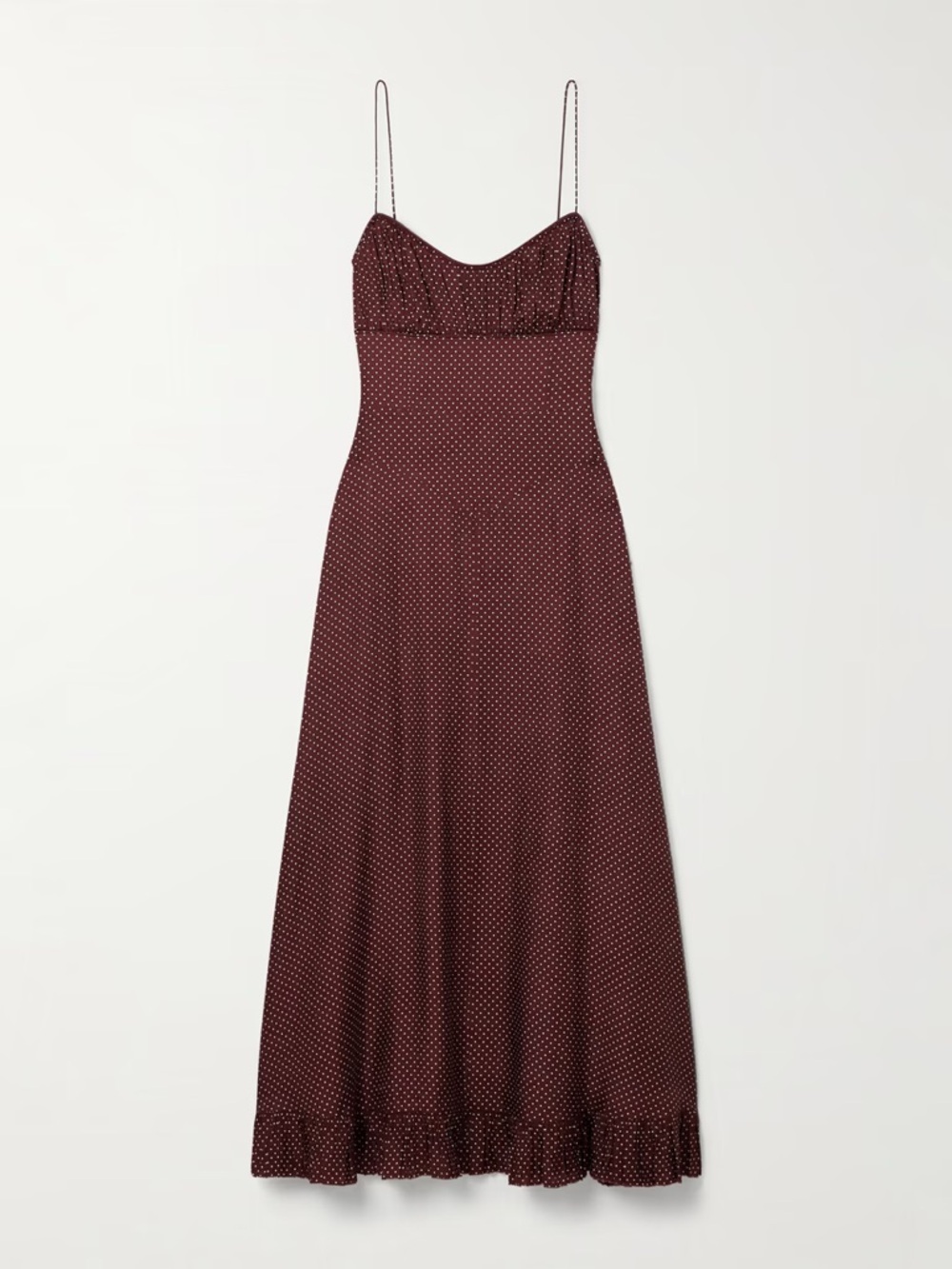 Doen Rosaria Silk Ruffle Ruched Midi Maxi Dress Burgundy Colette Dot Polka - Picture 9 of 10